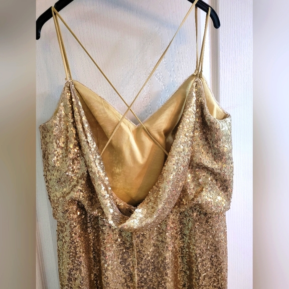 Christina Wu gold sequins floor length gown. Leg Slit. Cowl Back. Size 18 - Picture 3 of 4